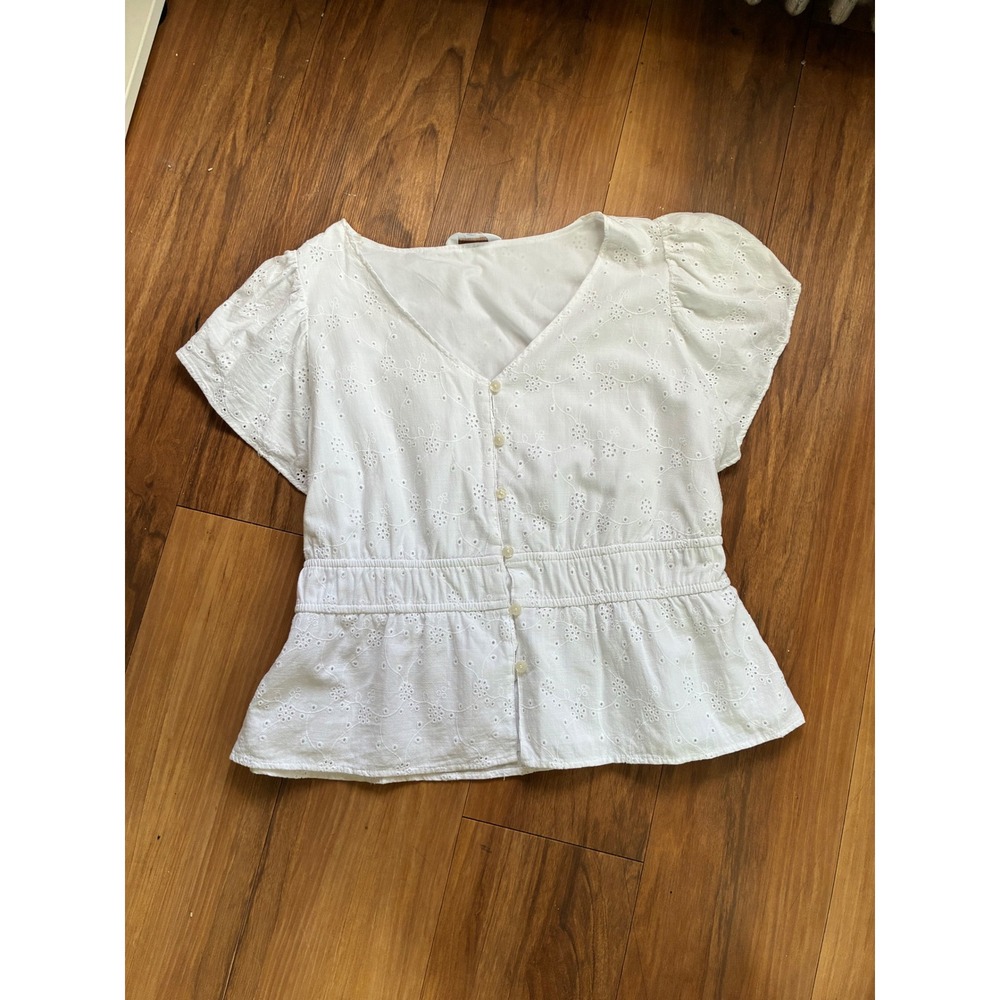 White Cottagecore Eyelet Peplum Top Short Flutter Sleeve V-Neck Button Down XL